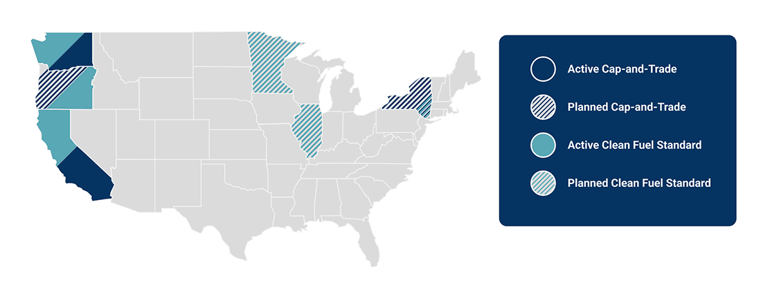 U.S. map illustrating states with active or planned cap‑and‑trade programs and clean fuel standards. Washington and California have both active cap-and-trade programs, as well as active clean fuel standards. Oregon has active clean fuel standards, as well as planned cap-and-trade programs. Minnesota and Illinois have planned clean fuel standards. New York state has both planned cap-and-trade programs, as well as planned clean fuel standards. All other states have no program in place.