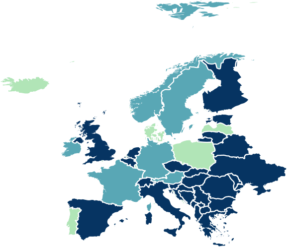 Map of Europe showing which countries have carbon prices on the transport sector that meet or are expected to meet the EUR 45 threshold required for exemption from EU ETS II fuel‑supplier costs until 2030. Norway, Sweden, Germany, Austria, France, Luxembourg, and Ireland have carbon prices already at or expected to reach EUR 45. Iceland, Denmark, Poland, Latvia, and Portugal have relevant carbon prices that do not reach, or are unlikely to reach, the EUR 45 threshold. Iceland, Liechtenstein, and Norway are included because they participate in the EU ETS, even though they are not EU members.